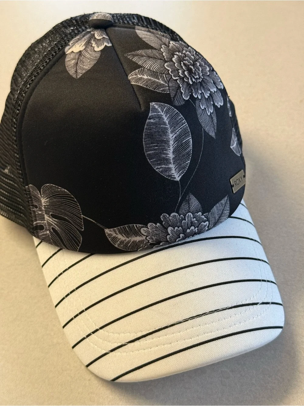 Roxy Black Floral Trucker Hat with White Striped Brim